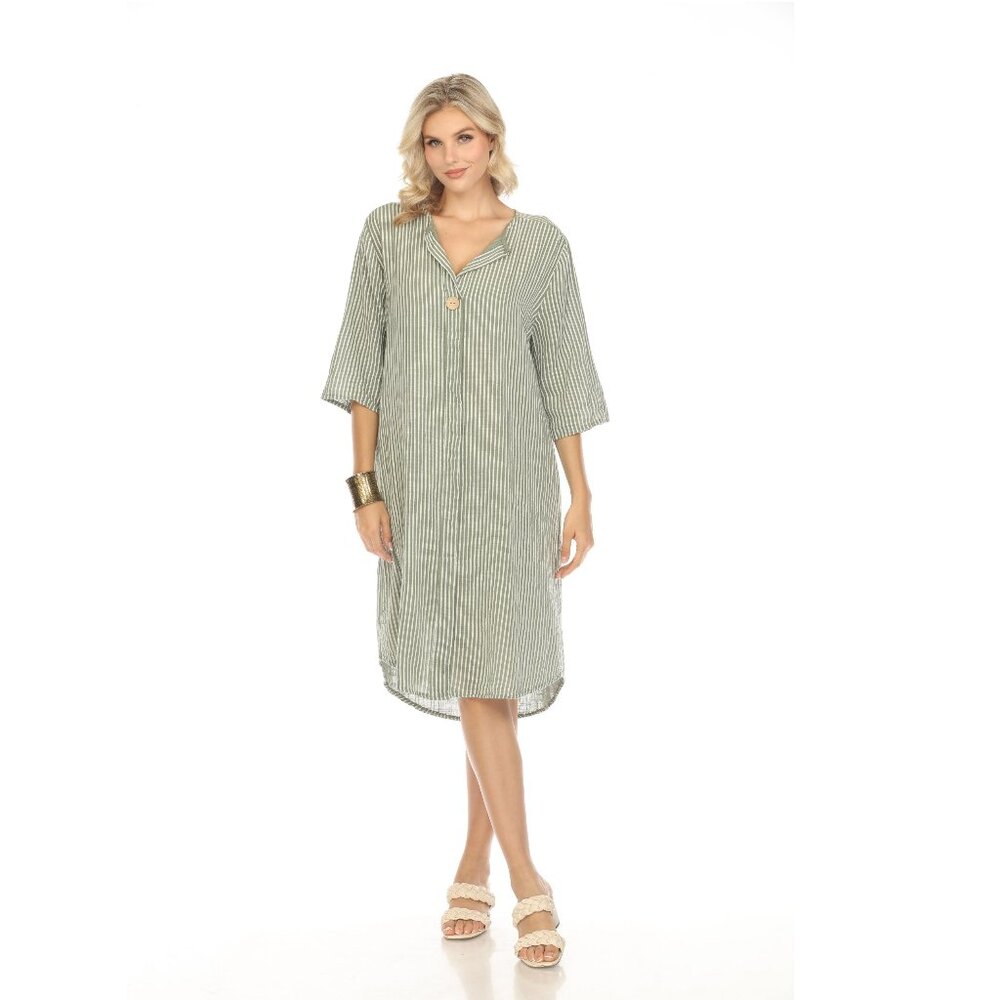 Moss Green Striped Quarter Sleeves Dress